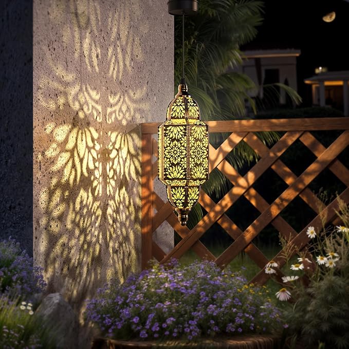 Twinkya Hanging Solar Lights Outdoor Garden Decorative Solar Lantern Waterproof Metal Moroccan Outdoor Decorations for Patio Pathway Yard Porch Backyard Garden Decor (Gold, 1 Pack)