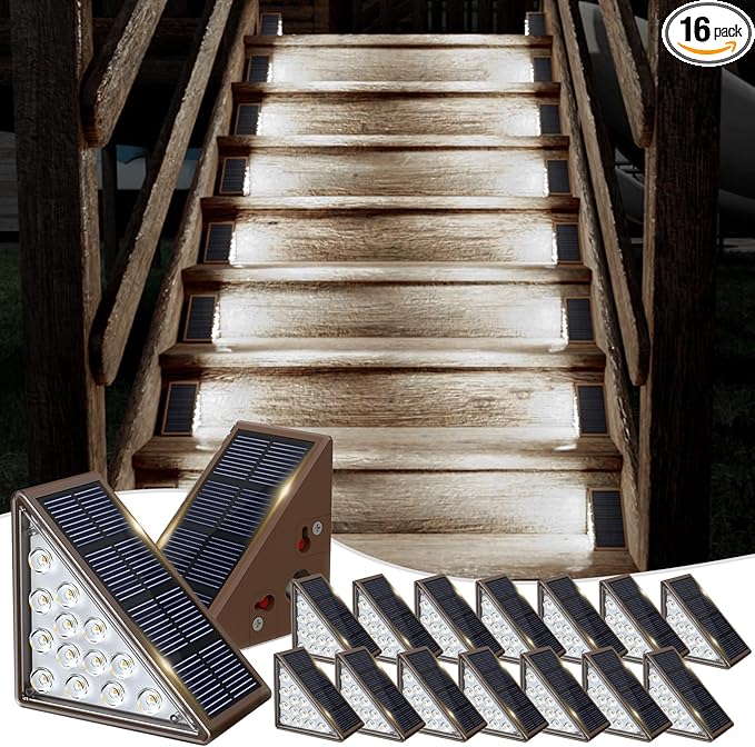 Solar Step Lights for Outside,16 Pack Solar Stair Lights Outdoor Waterproof IP67,Outdoor Deck Step Lights,Solar Outdoor Lights for Staircase,Patio,Front Step(Cool Brown)…