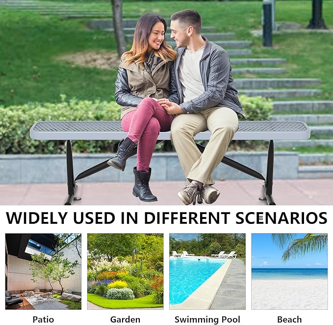 48" L Outdoor Steel Flat Bench, Heavy Duty Metal Park Bench for Outside, Expanded Metal, Commercial Benches Mesh Bench for Shopping Mall, Store, Lawn, Park, Patio, Deck, Garden (Grey, 6FT)