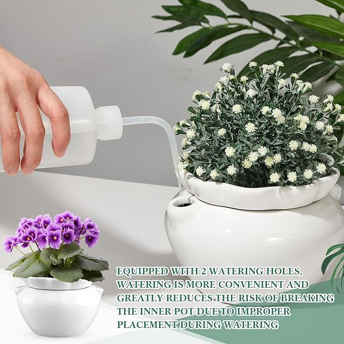 1 Set 7.5 Inches African Violet Pots Self Watering White Ceramic Pot for Indoor Plants, Flowerpot with Highly Absorbent Inner Pot for Busy Plant Lovers, Plant Care