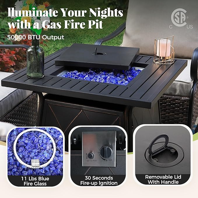 Patio Furniture Set with Fire Pit Table, 5 Pcs Metal Outdoor Conversation Set, 4 Single Chairs with 5.75" Extra Thick Cushion and 28" Fire Pit Table for Backyard Deck, Navy Blue