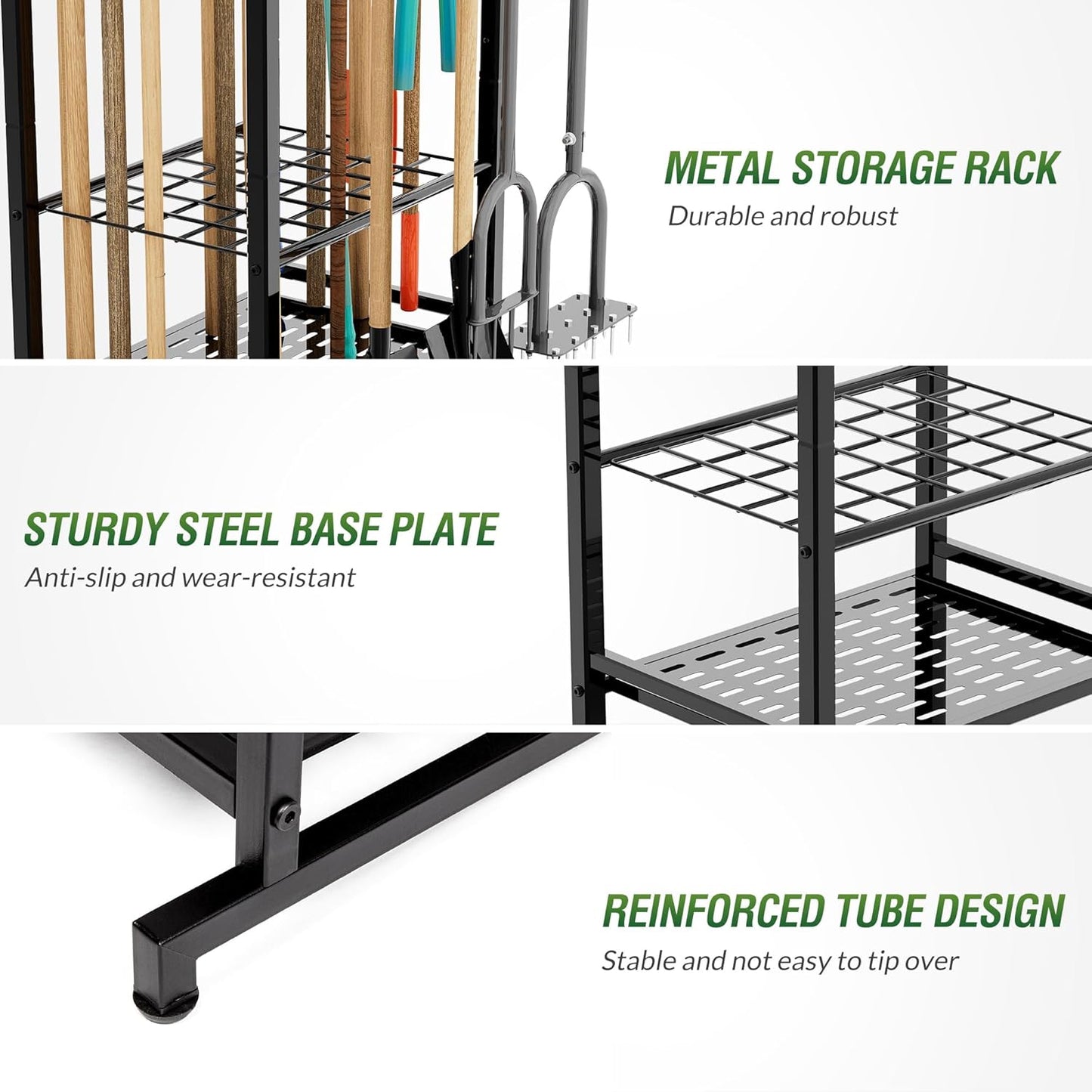 Garden Tool Organizer Rack Up to 50 Tools, Heavy-Duty Steel Yard Tool Organizer for Garage Storage with 11 Hooks, Broom Holder & Garden Tool Rack for Shed, Patio, Outdoor Use, Black