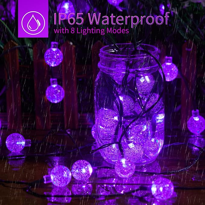 Brightown Solar String Lights Outdoor 60 Led 35.6 Feet Crystal Globe String Lights with 8 Lighting Modes, Waterproof Solar Powered Patio Lights for Garden Yard Porch Decor (Purple)