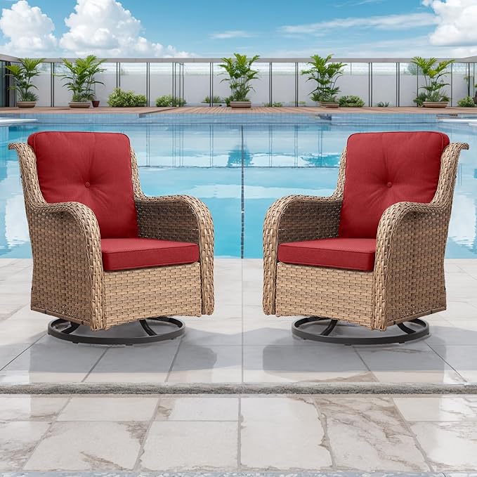 Outdoor Patio Swivel Rocker Chairs - Wicker Rattan Patio Swivel Rocking Chairs Set of 2 with High Back,Deep Seating and Comfort Cushions for Deck Porch Garden,Yellow/Red