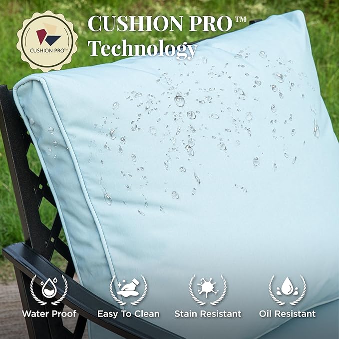 Patio Furniture Set with Fire Pit Table, 5 Pcs Metal Outdoor Conversation Set, 4 Rocking Chairs with 5.75" Extra Thick Cushion and 28" Fire Pit Table for Backyard Deck, Blue