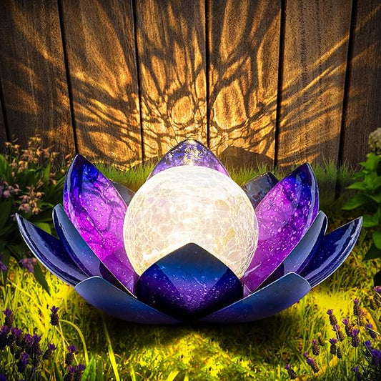 Huaxu Solar Lights for Outdoor Decor, Purple Lotus Flower Light, Waterproof LED Crackle Globe Glass Lamp for Garden, Patio, Yard, Porch, Pathway, Ground, Tabletop Christmas Gifts for Mom,Women