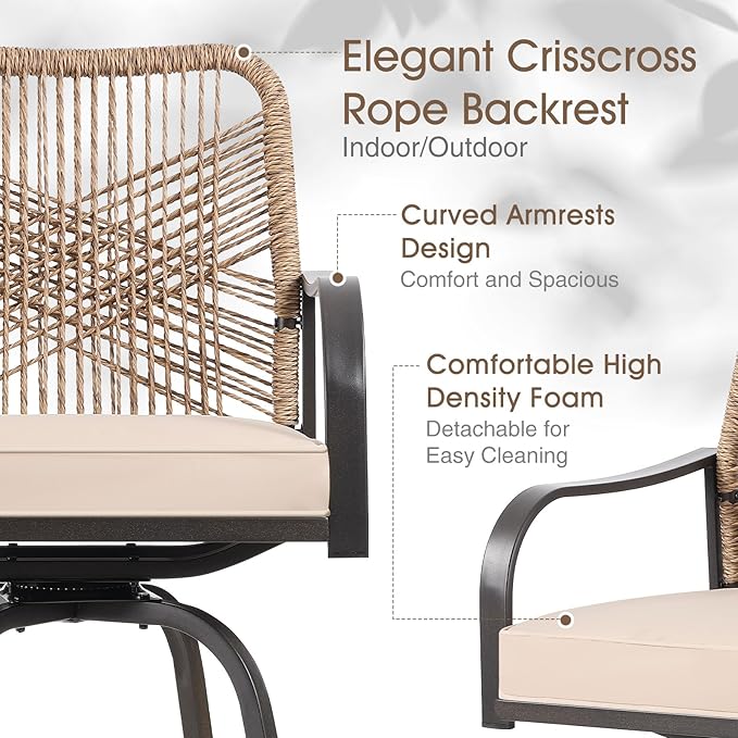 Outdoor Bar Stools Set of 2, Patio Swivel Counter Height Rattan Bar Stools, Patio Wicker Bar Swivel Chairs with Cushion, Outdoor Pool Bar Chairs for Backyard Garden Balcony w /360 Rotation