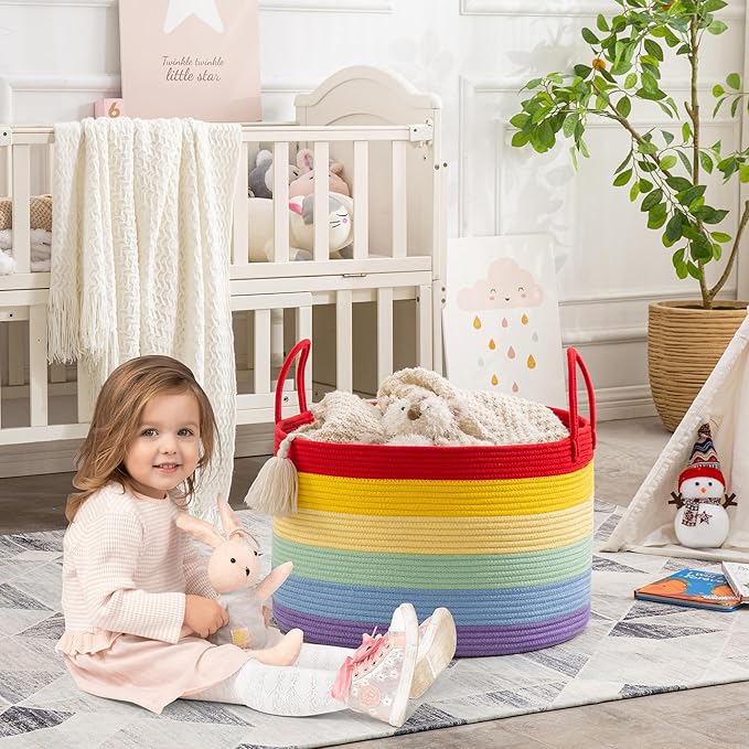KAKAMAY Large Blanket Basket (20"x13"),Woven Baskets for storage Baby Laundry Hamper, Cotton Rope Blanket Basket for Living Room, Laundry, Nursery, Pillows, Baby Toy chest (Rainbow)