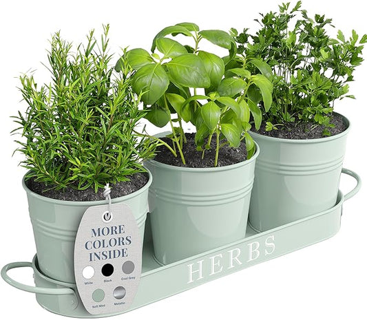 Barnyard Designs Indoor Herb Garden Planter Set with Tray, Metal Windowsill Plant Pots with Drainage for Outdoor or Indoor Plants, Set/3 (Soft Mint)