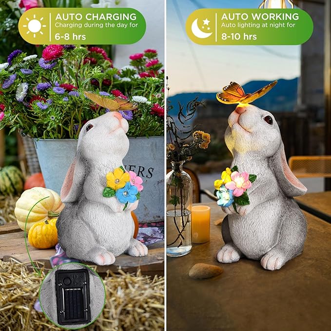 SIX FOXES Solar Garden Rabbit Statues Light - Easter Bunny Decor for Garden, Lawn, Patio, Balcony, Yard Ornament, Gifts for Kids, Women, Mom