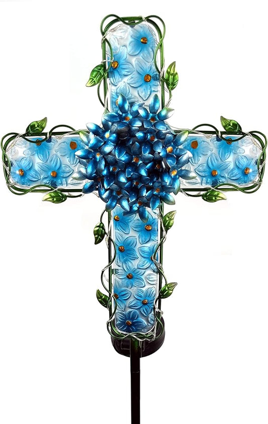 Solar Cross Garden Lights Outdoor Decorative - Solar Metal&Glass Cross Blue Hydrangea Flower Stake Lights- Waterproof 20 Warm White LED for Remembrance Gifts