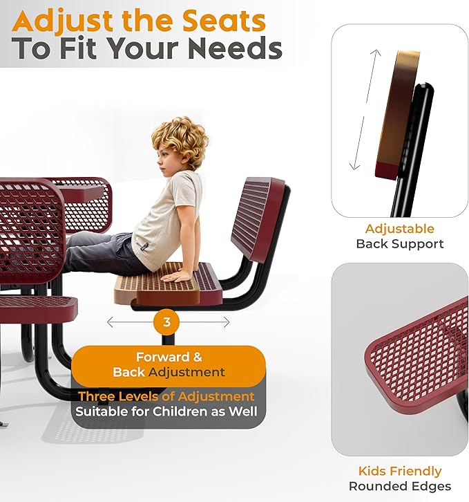 Metal Picnic Tables for Outdoors with Umbrella Hole - Coated Steel Heavy Duty Commercial Grade Table with Adjustable Seats (Red, 46 in, Square with Back, Expanded Steel)