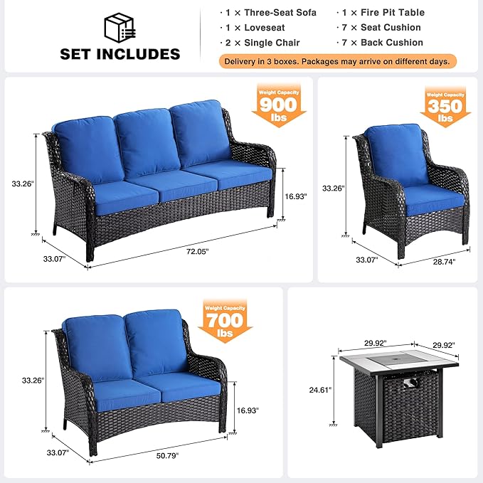 ovios 5 Pieces Patio Furniture Set with 30" Fire Pit Table, Outdoor Wicker Sofa with Loveseat, Comfy Cushions, High Back Couch Conversation Set, Brown Rattan, Navy Blue