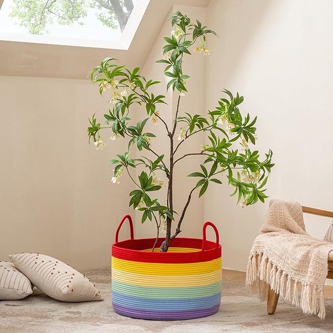 KAKAMAY Large Blanket Basket (20"x13"),Woven Baskets for storage Baby Laundry Hamper, Cotton Rope Blanket Basket for Living Room, Laundry, Nursery, Pillows, Baby Toy chest (Rainbow)