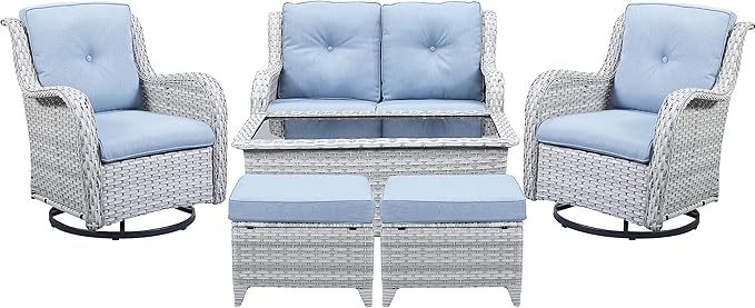 Wicker Outdoor Furniture Patio Furniture Set - 6 Piece Patio Conversation Set with Swivel Rocker Chairs, Loveseat Sofa, Ottomans and Coffee Table, Baby Blue Cushion