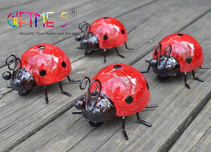 GIFTME 5 Metal Garden Yard Art Decorative 4 Pack Ladybugs Outside Garden Wall Sculptures(RED)
