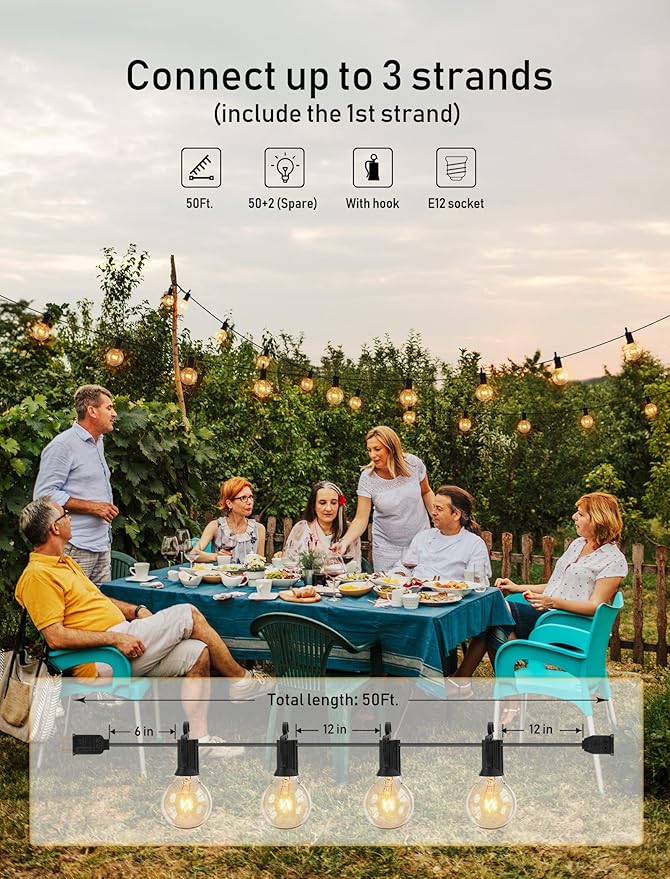 Outdoor String Light 50Feet G40 Globe Patio Lights with 52 Edison Glass Bulbs(2 Spare), Waterproof Connectable Hanging Christmas Lights for Backyard Porch Balcony Party Xmas Decor, E12 Socket, Black