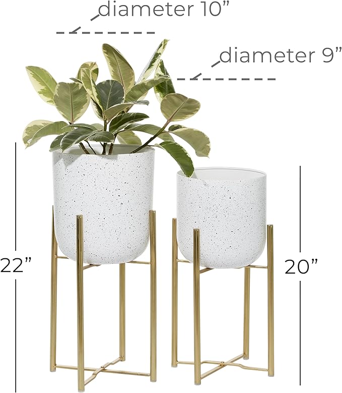 Deco 79 Metal Indoor Outdoor Planter Deep Dome Speckled Large Planter Pot with Gold Stands, Set of 2 Planters 22", 19"H, White