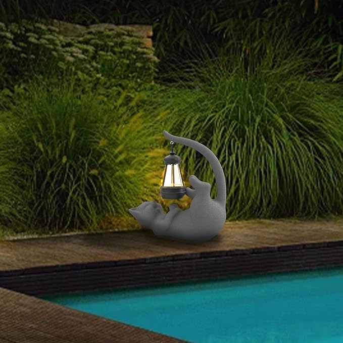 Solar Cat Garden Statue 15 Inch Porch Patio Decor for Outside Yard Decoration Outdoor Unique Housewarming Gardening Birthday Gifts for Cat Lovers Women Grandma