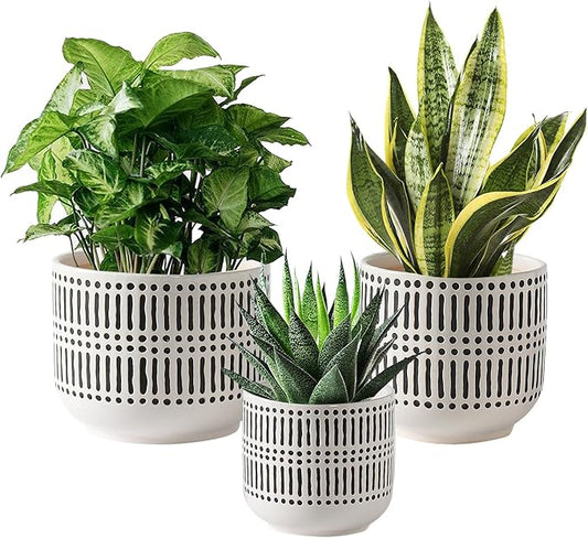 Docrin Plant Pots Ceramic: 6.5+5.3+4 Inch Flower Pots with Drainage Holes for Home/Office - Set of 3/White and Black