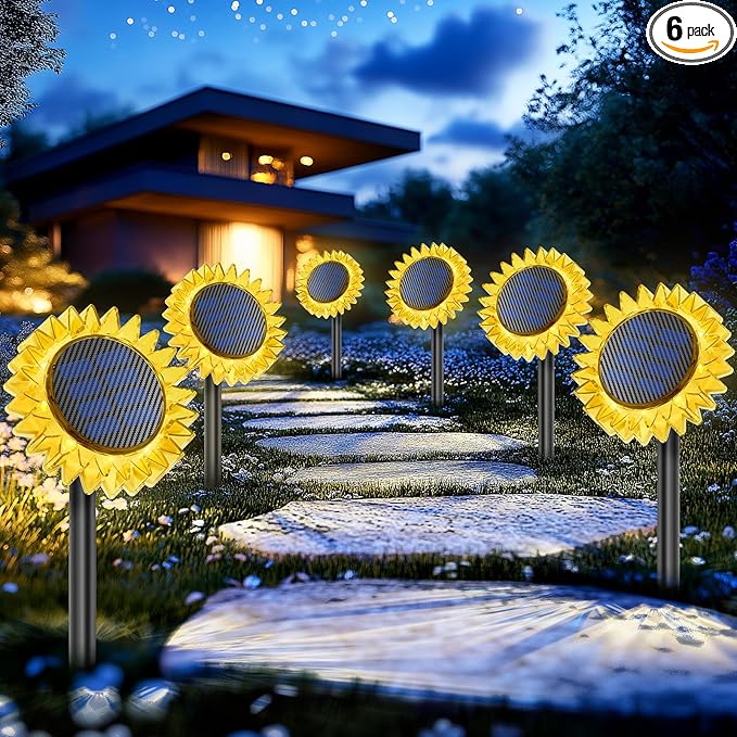 Solar Garden Lights - Upgraded Solar Sunflower Light, Ground/Wall 2 In 1, Solar Outdoor Lights Waterproof IP67,Garden Yard Patio Backyard Pathway Landscape Fence Wall Decoration, Warm White(6 Pack)