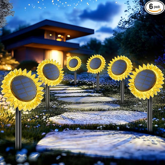 Solar Garden Lights - Upgraded Solar Sunflower Light, Ground/Wall 2 In 1, Solar Outdoor Lights Waterproof IP67,Garden Yard Patio Backyard Pathway Landscape Fence Wall Decoration, Warm White(6 Pack)