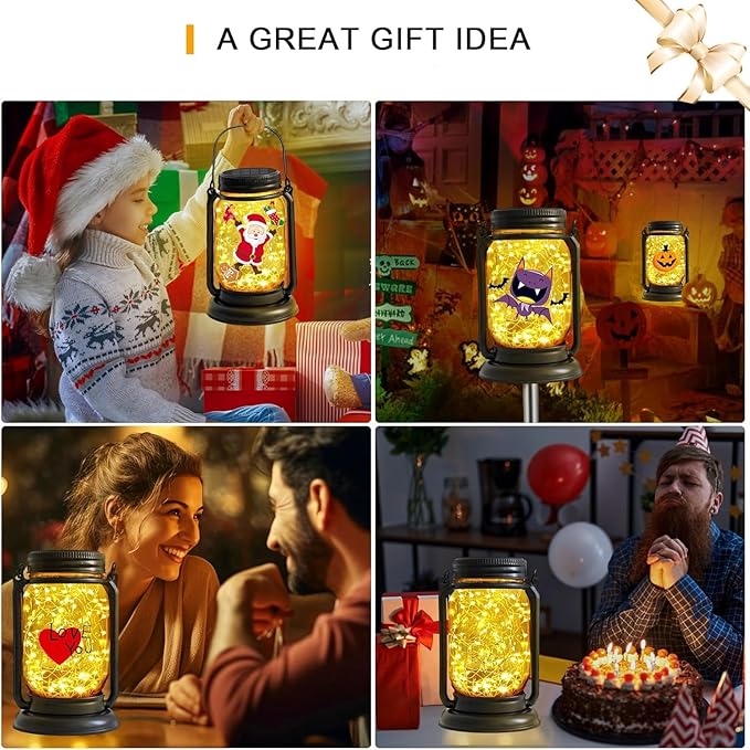 Solar Fairy Lanterns,4 Pack Solar Mason Jar Lights,Mother's Day Gifts For Mom Women Grandma Hanging Lanterns Outdoor Waterproof,Glass Jar Starry Light with Stakes for Garden Patio Party Holiday