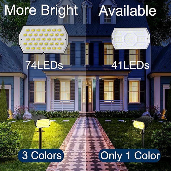 Solar Spot Lights Outdoor, [2 Pack/74 LED/3 Colors] 2-in-1 Solar Landscape Spotlights, IP65 Waterproof Auto On/Off Solar Powered Security Lights for Yard Garden Pathway Walkway