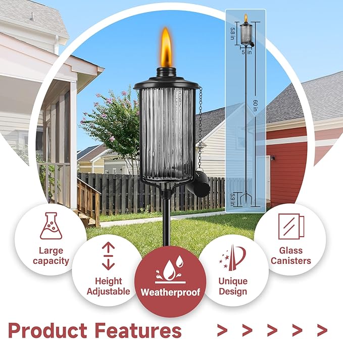 4 Pack Glass Citronella Torches, 16 oz Garden Torches for Outside with 3-Prong Grounded Stake, 55 inch Outdoor Black Glass Flame Light Torch for Yard, Patio, Deck, Garden, Party, Landscape