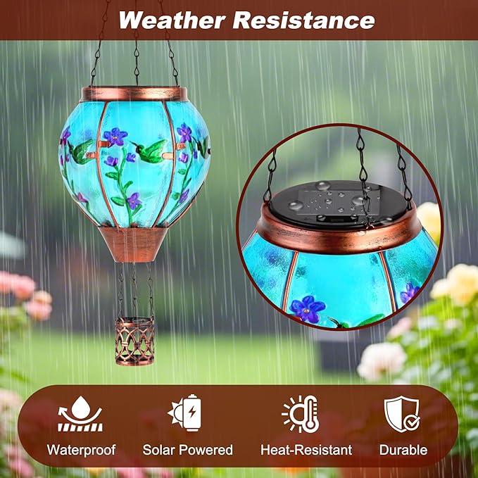 Hummingbird Solar Hot Air Balloon Lantern,Outdoor Decor with Flame Lights Waterproof, Hanging for Garden Yard Lawn Patio, Unique Gifts for Women Mom Grandma Gardener for Mother'Day Christmas