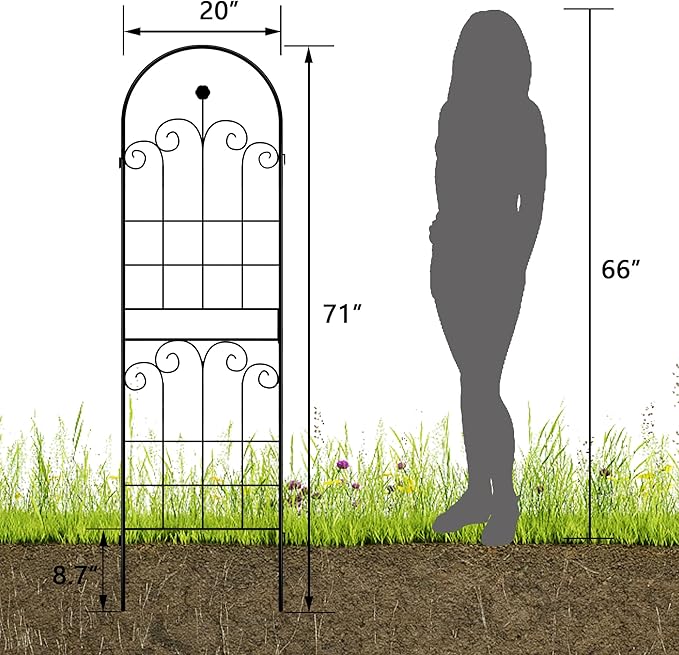 LZRS 4 Pack 71x20in Rustic Iron Arch Decoration Garden Trellis with Black Metal Coating – Perfect for Supporting Climbing Plants Outdoor, Roses, Vines, Flowers, and Vegetables.