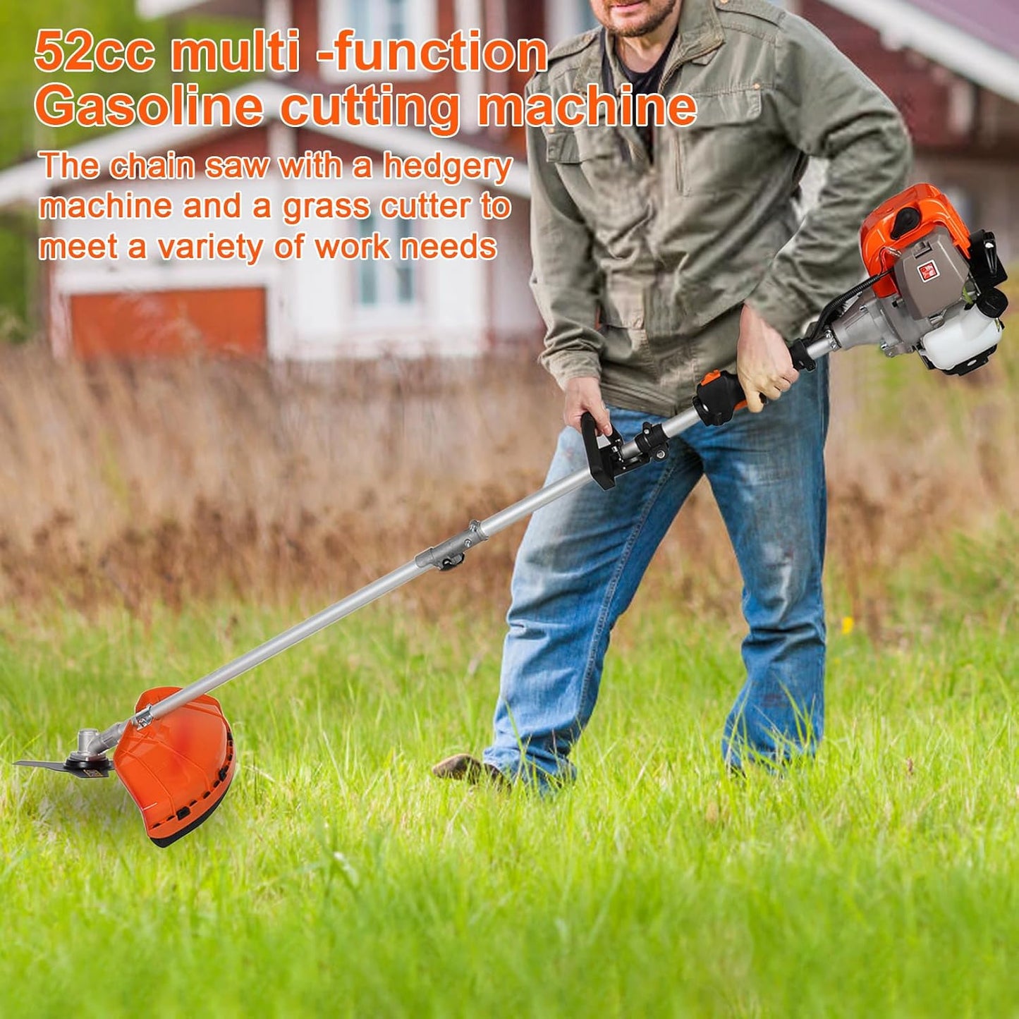 5 in 1Gas Weed Wacker，62cc 2 Stroke Full-Functional Petrol Hedge Trimmer,Gas Weed Eater,Grass Cutter Machine,Straight Shaft Grass Trimmer Cordless for Gardening (Orange)