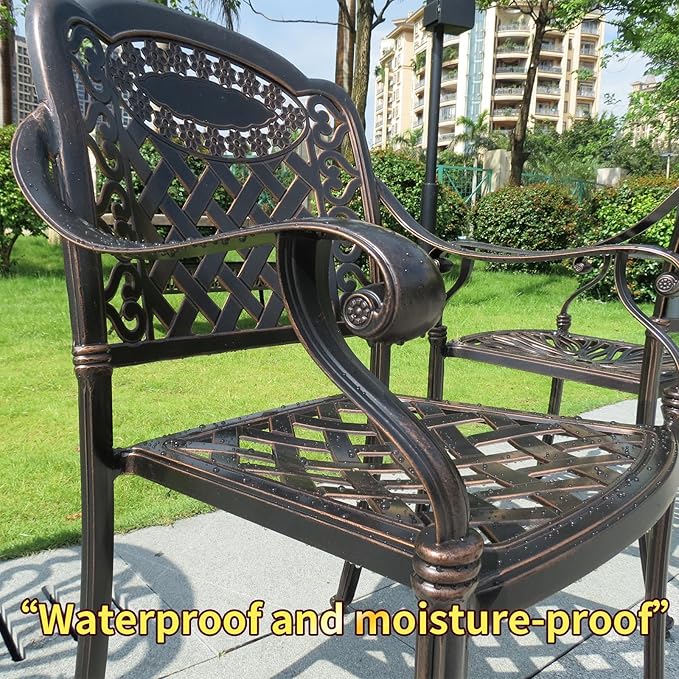 Outdoor Dining Chair Cast Aluminum Patio Chairs Set of 2 All-Weather Patio Dining Chair with Adjustable Feet for Backyard Garden (Square Lattice Chair)