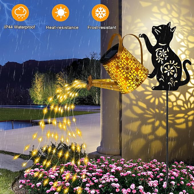 Solar Lights Outdoor Decorative, Watering Can with Cascading Lights, with Cat Silhouette Garden Stakes, Waterproof Metal Garden Decor for Yard Art, Outside, Patio, Lawn Ornaments