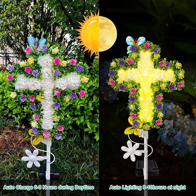 TEDOF Solar Garden Lights Outdoor Solar Flowers Cross Stake Lights Waterproof,Memorial Gifts for Mom,Cemetery Decorations for Grave,Garden,Path,Backyard