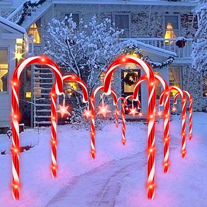 PINPON Christmas Solar Candy Cane Lights 10 Pack, 21" Pathway Markers Walkway Lights with Star, 8 Modes & 3 Timings Xmas Decorations for Outdoor Pathway Garden Yard Patio