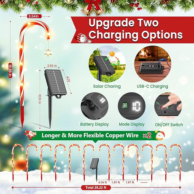 WdtPro Outdoor Christmas Decoration, 24 Pack 56FT Solar Powered 144 LED Bright Christmas Candy Cane Pathway Lights with Stakes, 10 Modes Waterproof Christmas Lights Outside Decorations for Yard Garden