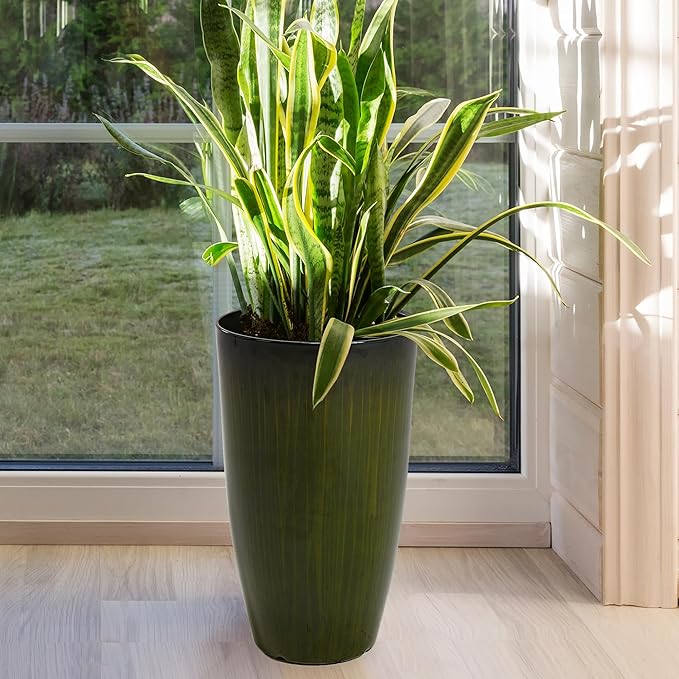 Worth Garden 23.5" H. Large Plastic Planters - Set of 2 Gradient Green Glossy Smooth Finish - Tall Plant Pots for Indoor & Outdoor Use - Decorative Lightweight Flower Pots for Front Porch, Patio, Deck