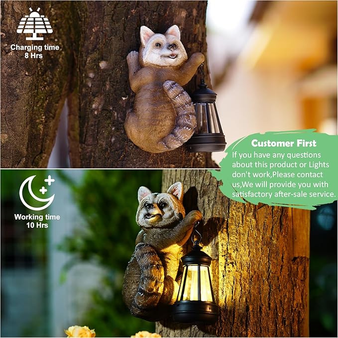 Raccoon Tree Hungger with Solar Lantern - 7.4 Inch Raccoon Outdoor Statue for Garden Yard Decor Outside,Best Garden Gifts for Mom,Women