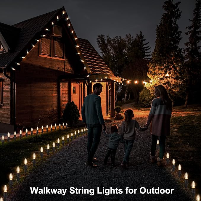 Outdoor Warm Christmas Pathway Lights, 24.2ft 20 Lights with Stakes, Outside Walkway Marker, C9 Christmas Decor, Driveway Decorations, Waterproof, Hanging or Plugging