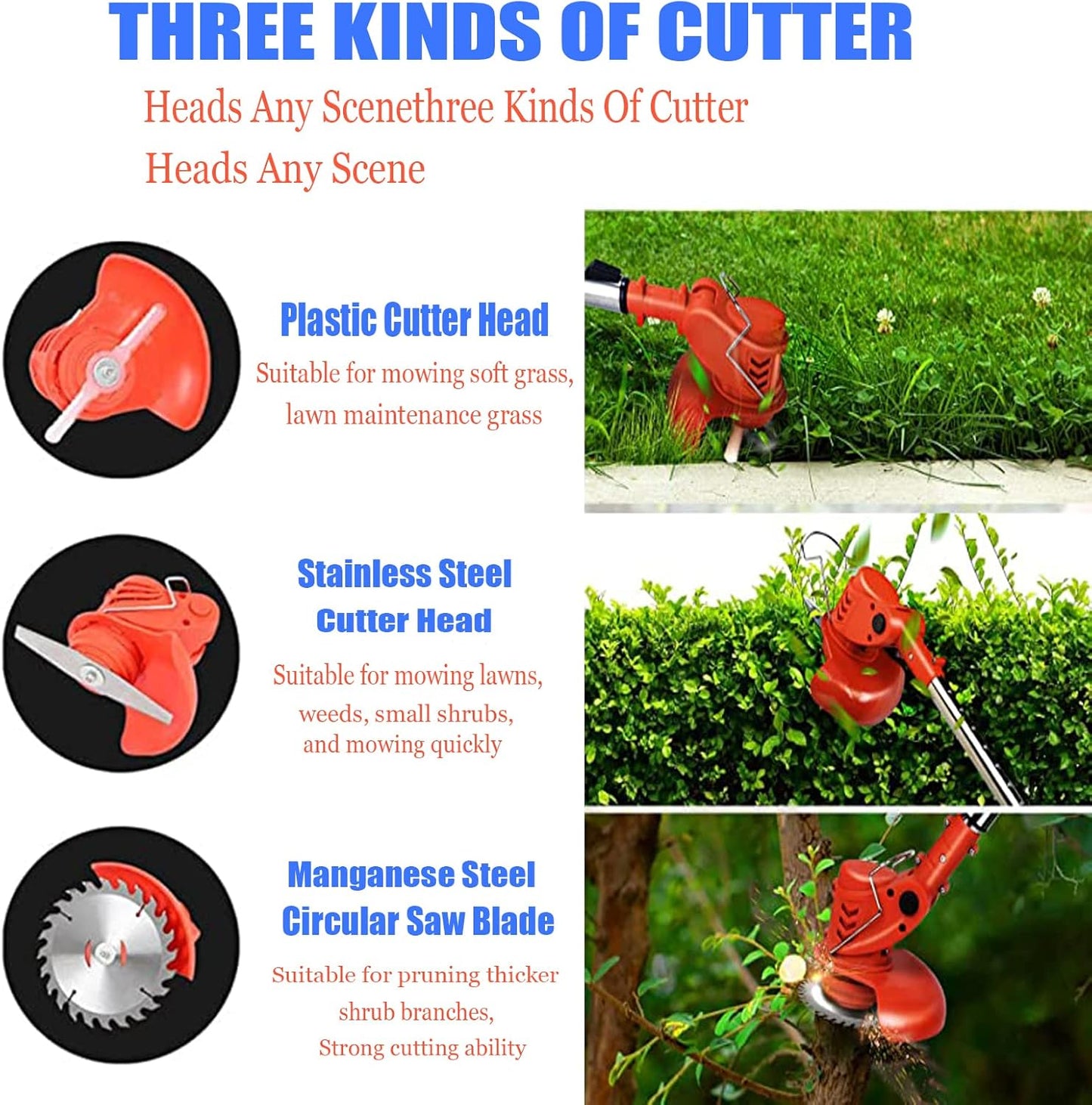 Weed Wacker Electric Cordless Grass Trimmer,with 3Types Blades,Included 2Pcs 24v 4Ah Batteries Electric Stringless Weed Trimmer Lightweight 2.6lb， for Yard and Garden