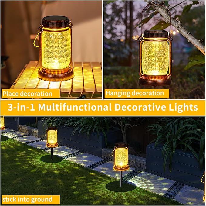 Outdoor Garden Decor, 4 Pack Solar Lantern Waterproof Warmwhite Mason Jar Hanging Lights, Porch Decorative for Garden Yard Patio Backyard Deck Courtyard Lawn