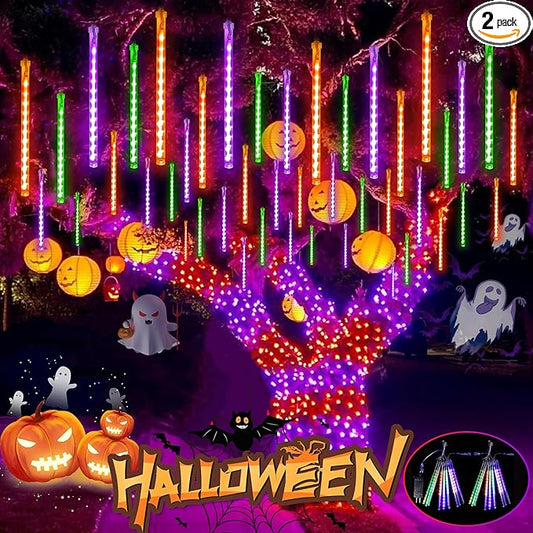 Outdoor Halloween Lights, 2-Pack Meteor Shower Lights Outdoor Waterproof, Total 432 LED 18 Tubes Snow Cascading String Lights Plug in for Party Garden Halloween Decorations (Orange Purple and Green)