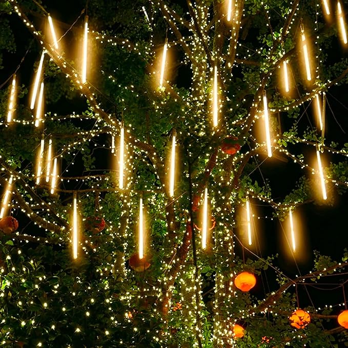 Solar Meteor Shower Lights Outdoor - 576 LED Rain Drop Lights with 16 Tubes, 16 Inches - Solar Powered Christmas Decorations for Tree Bushes Holiday Party Christmas Decor, Warm White