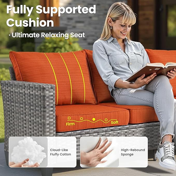 ovios 6 Pieces Patio Furniture Set with 30" Fire Pit Table, Outdoor Wicker Sofa with Comfy Cushions, All Weather High Back Rattan Couch Conversation Set, Orange Red