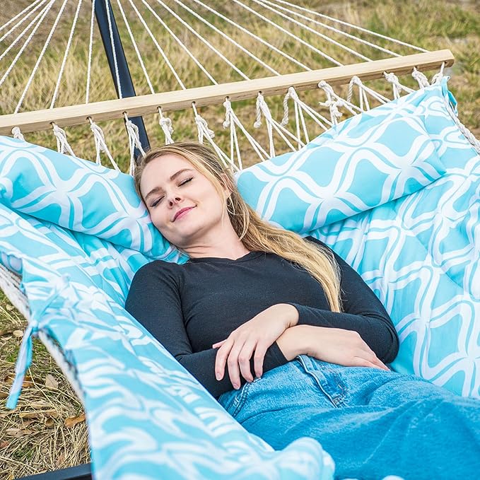 SUNCREAT Patio Hammock with Stand Included, Portable Double Hammock with Stand, Green Pattern