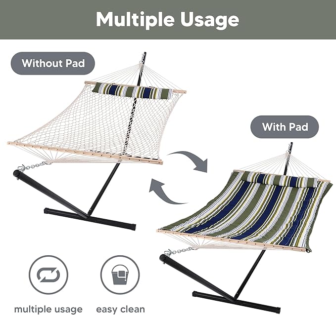 SUNCREAT Hammocks Double Outdoor Hammock with Stand, Cotton Rope Two Person Hammock with Polyester Pad & Large Pillow, Blue& Gray