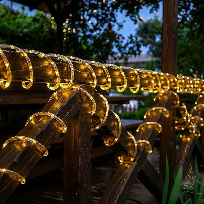 Solar Rope Lights, 66ft 200LED String, 8 Modes Waterproof Powered Outdoor, Flexible Clear Tube for Garden, Backyard, Patio, Deck, Porch, Pool, Tree Decor - Warm White