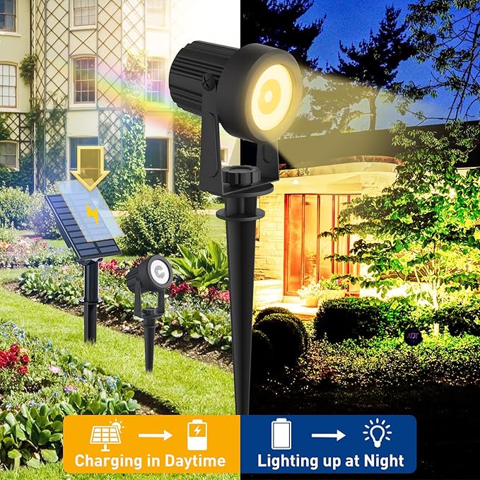 Solar Landscape Spotlights 4 Pack Warm White 3000K, T-SUNUS IP65 Waterproof Outdoor Solar Spot Lights for Yard 9.8ft Cable, Separated Panel Garden Light for Flag Driveway Porch Walkway Pool Patio Pond