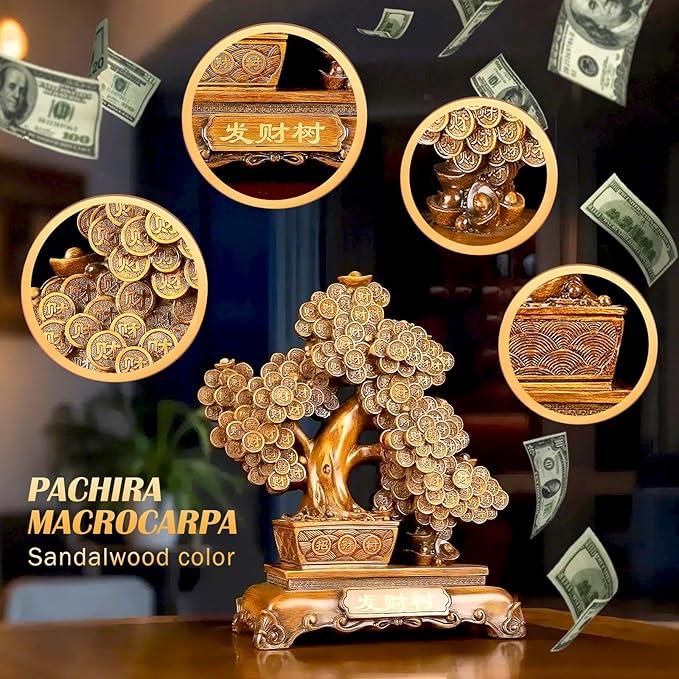 FENGSHUI-CAISHEN Top Resin Money Tree, Artificial Bonsai Tree, Handcrafted, Premium Quality, Feng Shui Gift for Abundance Luck and Success (Brown)